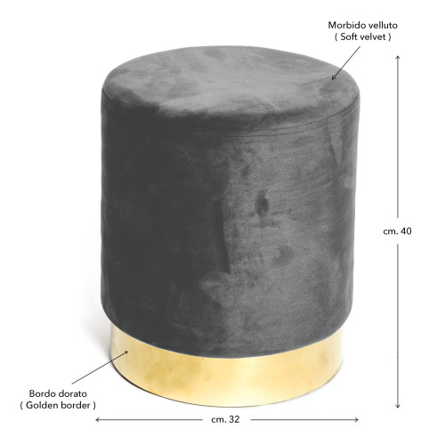 Velvet Footstool Pouf in Dark Grey Velvet with Golden Base | Elegant Design, Ø32xH40 cm, Soft, Resistant up to 150 kg