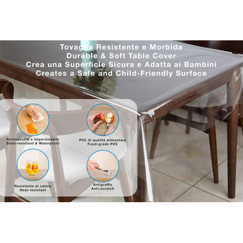 Transparent Stain-resistant PVC Crystal Tablecloth, Crystal Table Cover 0.20 mm Thick, Cut to Size, Made in Italy