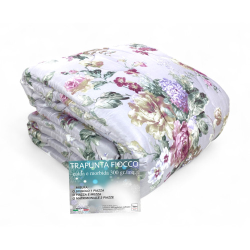 Sanderson Flower Quilt Hiver Fond Gris, Couette Chaude 300 gr/m², Motif Floral Elégant, Fabriqué en Italie
