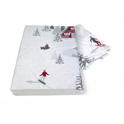 Copripiumino Tirolese Montebianco 100% Cotone - Double Face, Fantasia Alpina con Sciatori e Chalet, Morbido e Traspirante