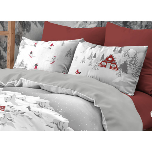Housse de couette tyrolienne Montebianco 100 % coton - Double face, motif alpin avec skieurs et chalets, douce et respirante