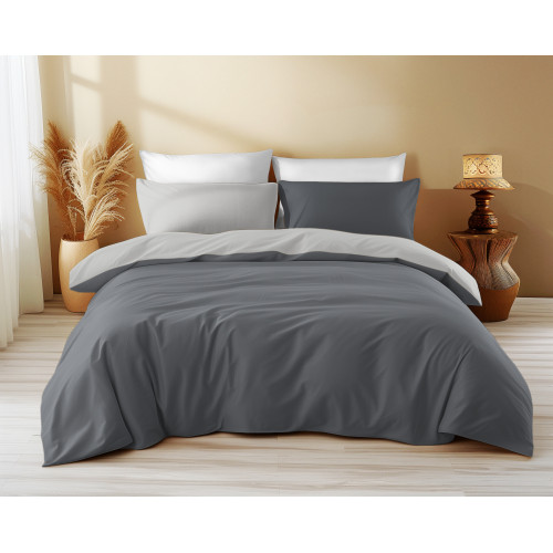 Double Face Duvet Cover in Pure Cotton - Dark Grey/Light Grey - Made in Italy