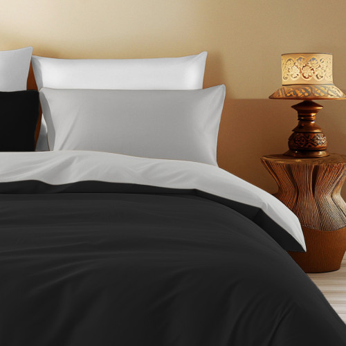 Housse de couette double face noir/gris - 100 % coton, douce et respirante, fabriquée en Italie