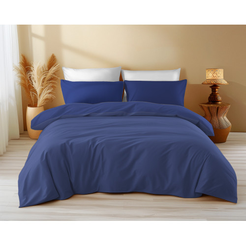Solid Color Dark Blue Cotton Quilt Cover Sleeping Time - Soft, Breathable, Click-Clac Closure - Made in Italy