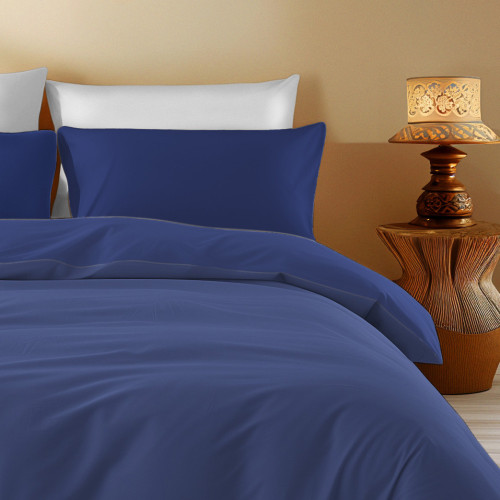Solid Color Dark Blue Cotton Quilt Cover Sleeping Time - Soft, Breathable, Click-Clac Closure - Made in Italy