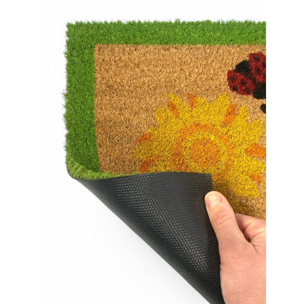 Outdoor-Eingangsteppich aus Kokosnuss - rutschfeste Fußmatte mit Marienkäfern und Sonnenblumen - 40x70 cm