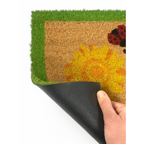 Tapis d’entrée d’extérieur en noix de coco - Paillasson antidérapant avec coccinelles et tournesols - 40x70 cm