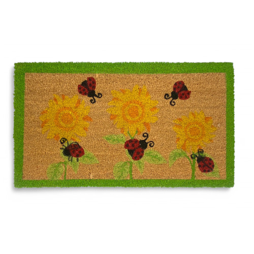 Tapis d’entrée d’extérieur en noix de coco - Paillasson antidérapant avec coccinelles et tournesols - 40x70 cm