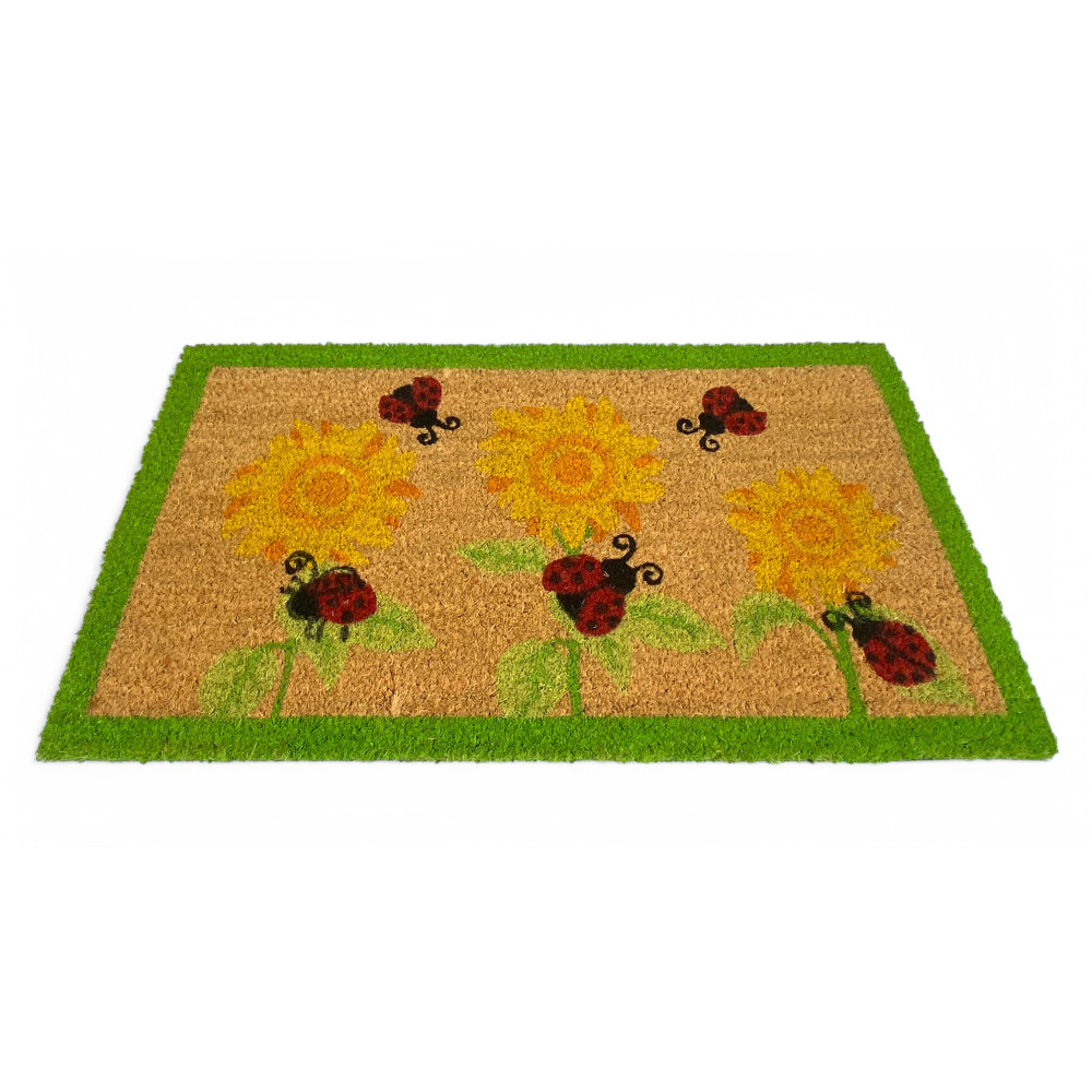 Outdoor-Eingangsteppich aus Kokosnuss - rutschfeste Fußmatte mit Marienkäfern und Sonnenblumen - 40x70 cm