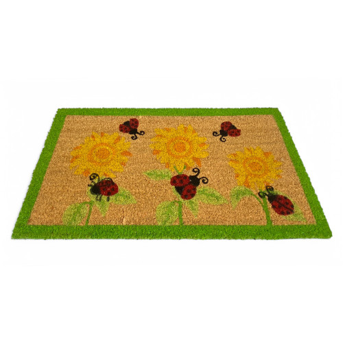 Alfombra de Entrada Exterior en Coco - Felpudo Antideslizante con Mariquitas y Girasoles - 40x70 cm