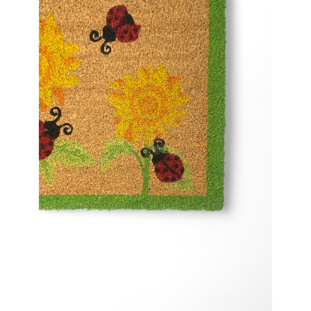 Outdoor Entrance Rug in Coconut - Non-slip Doormat with Ladybugs and Sunflowers - 40x70 cm