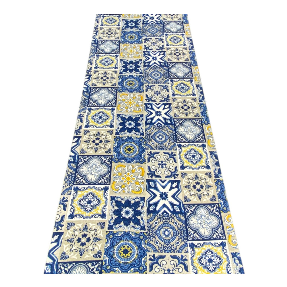 Tapis de cuisine antidérapant Runner - Chemin de table lavable, motif de majolique bleu et jaune, design moderne - Fabriqué en I