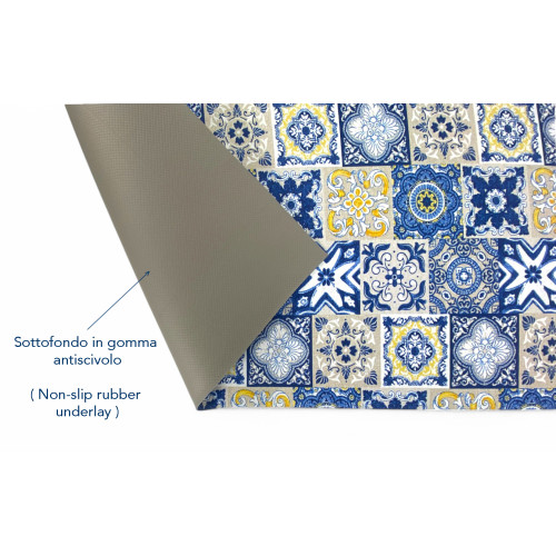 Tappeto Cucina Runner Antiscivolo - Passatoia Lavabile, Fantasia Maiolica Blu e Giallo, Design Moderno - Made in Italy