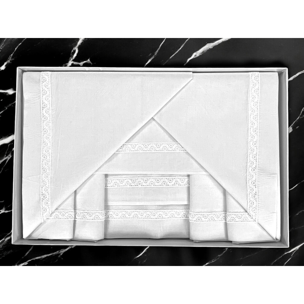 COMPLETO LENZUOLA con inserto MACRAMÈ a cornice Bianco matrimoniale Made in Italy IDEA SPOSA