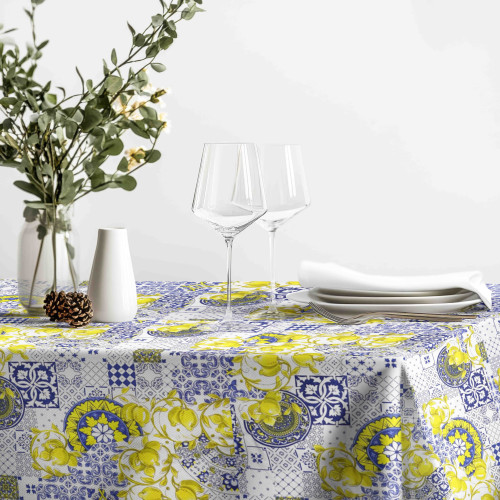Nappe en coton Sissi motif majolique et citrons - Style méditerranéen - Fabriqué en Italie