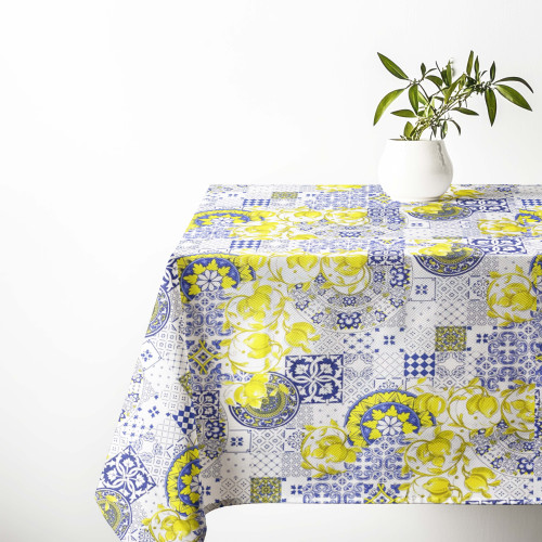 Nappe en coton Sissi motif majolique et citrons - Style méditerranéen - Fabriqué en Italie