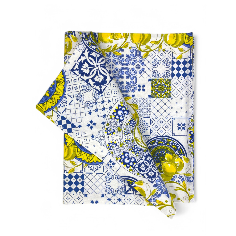 Nappe en coton Sissi motif majolique et citrons - Style méditerranéen - Fabriqué en Italie