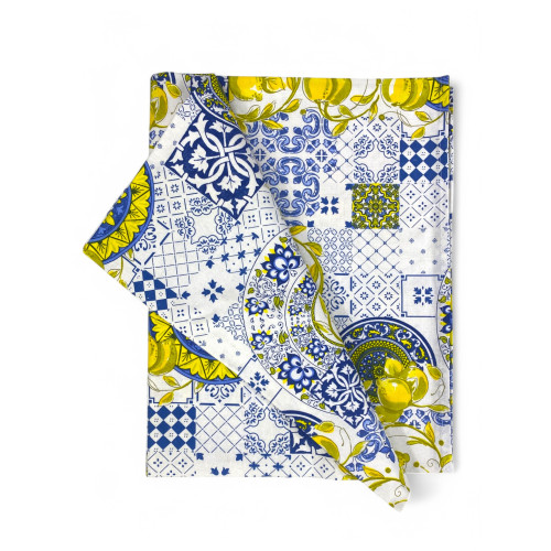 Sissi Baumwolle Tischdecke Majolika und Zitronen Muster - Mediterraner Stil - Made in Italy
