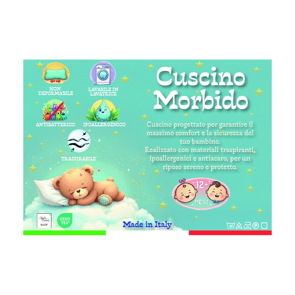 Baby Bed Cushion 40x60 cm, Breathable, Hypoallergenic, Anti-mite, 100% Made in Italy Cotton, Soft and Safe for Babies