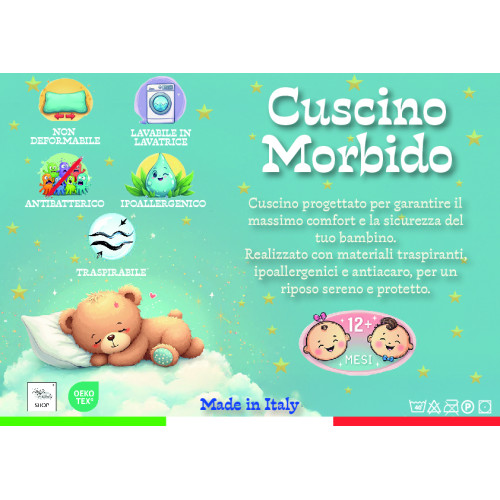 Baby Bed Cushion 40x60 cm, Breathable, Hypoallergenic, Anti-mite, 100% Made in Italy Cotton, Soft and Safe for Babies
