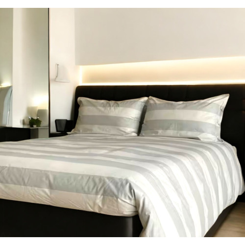 Funda nórdica de rayas francesas color crema topo - 100% algodón - Elegante, Made in Italy, Hecho a mano