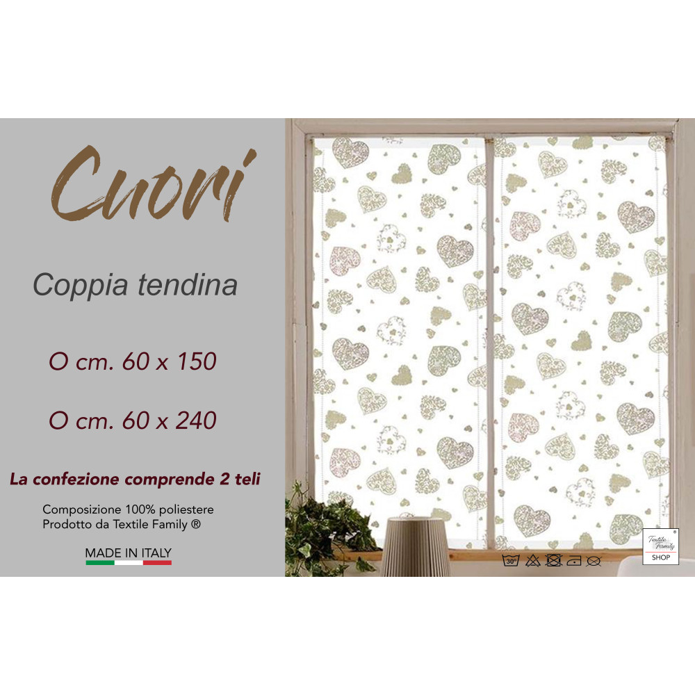 Coppia TENDINA a vetro Cuore Beige larga cm. 60 da Finestra e da Porta