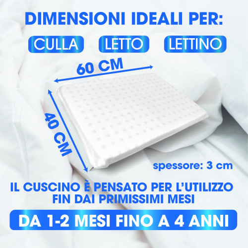 Cuscino Riposino Baby Memory Foam 40x60 cm - Traspirante, Antisoffoco, Sfoderabile - Made in Italy