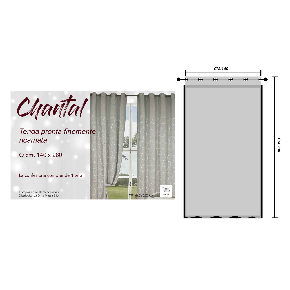 Tenda Chantal Grigia Ricamata Fiori Bianchi - Semitrasparente 140x280 cm Poliestere - Con Anelli Acciaio