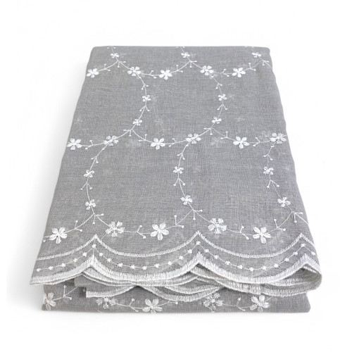Tenda Chantal Grigia Ricamata Fiori Bianchi - Semitrasparente 140x280 cm Poliestere - Con Anelli Acciaio