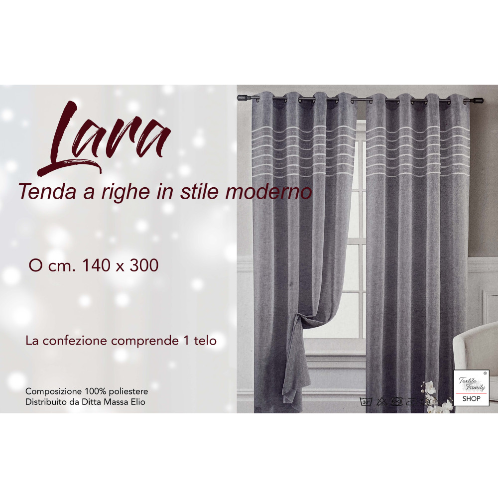 Tenda Lara Grigia a Righe - Stile Moderno - Poliestere Semitrasparente - Con Anelli in Acciaio - 140x300 cm