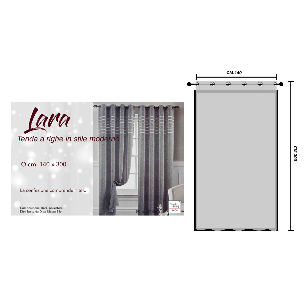 Tenda Lara Grigia a Righe - Stile Moderno - Poliestere Semitrasparente - Con Anelli in Acciaio - 140x300 cm