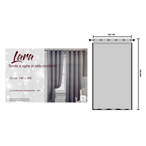 Tenda Lara Grigia a Righe - Stile Moderno - Poliestere Semitrasparente - Con Anelli in Acciaio - 140x300 cm