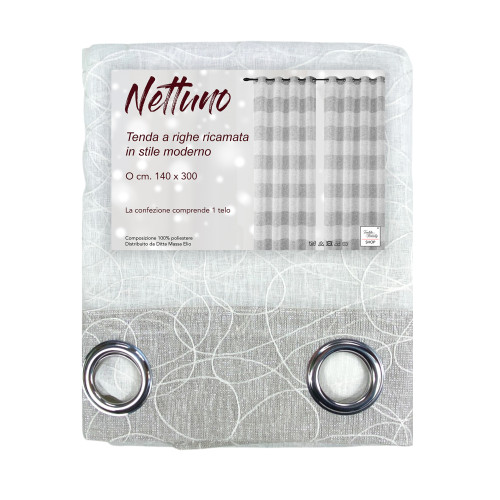Tenda Nettuno Ricamata a Righe 140x300 cm Beige con Lurex- Stile Moderno - Poliestere Semitrasparente con Anelli​