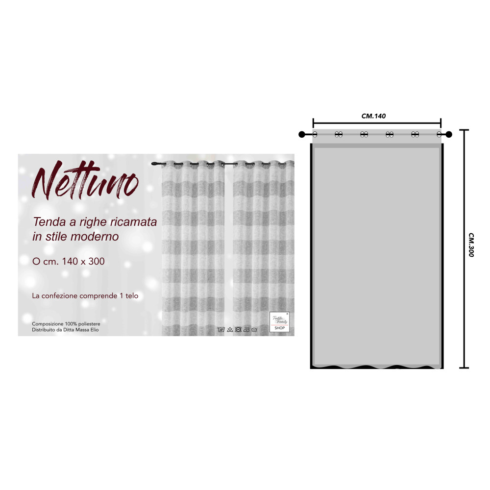 Tenda Nettuno Ricamata a Righe 140x300 cm Beige con Lurex- Stile Moderno - Poliestere Semitrasparente con Anelli​