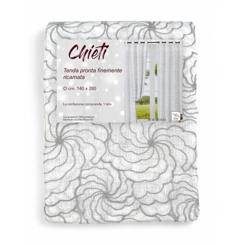 Tenda Chieti Ricamata con Anelli - 140x280 cm Tessuto Grigio - Elegante Motivo Floreale, Pronta all'Uso
