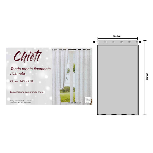 Tenda Chieti Ricamata con Anelli - 140x280 cm Tessuto Grigio - Elegante Motivo Floreale, Pronta all'Uso