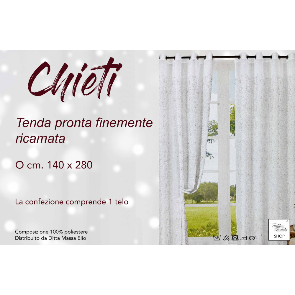 Tenda Chieti Ricamata con Anelli - 140x280 cm Tessuto Grigio - Elegante Motivo Floreale, Pronta all'Uso