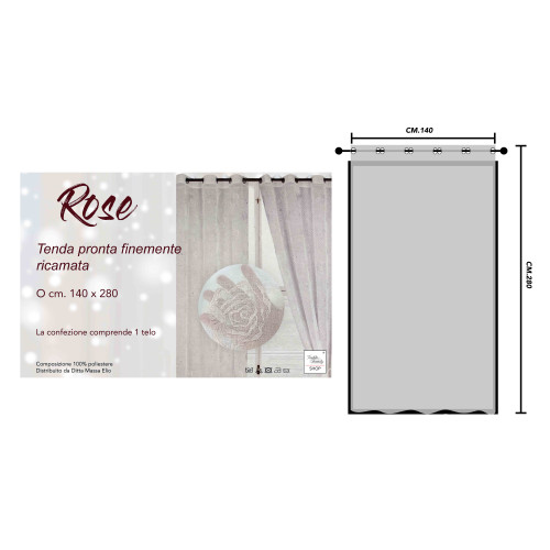 Tenda Rose Ricamata con Anelli - 140x280 cm Elegante con Rose in Rilievo - Tessuto Leggero e Decorativo