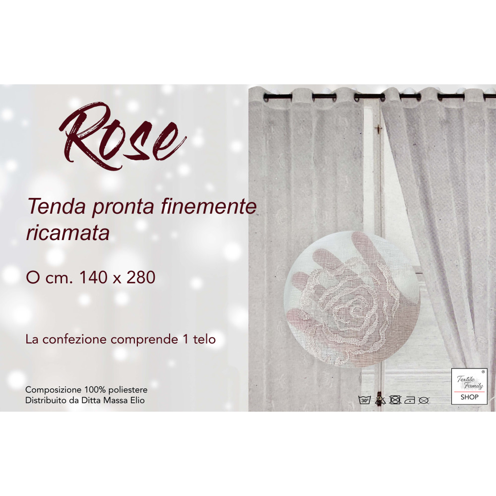Tenda Rose Ricamata con Anelli - 140x280 cm Elegante con Rose in Rilievo - Tessuto Leggero e Decorativo