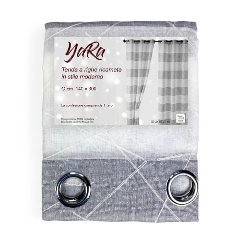 Tenda Yara Grigia Ricamata - Pannello Moderno 140x300 cm Poliestere - Effetto Lino, Trasparente, Occhielli Metallo