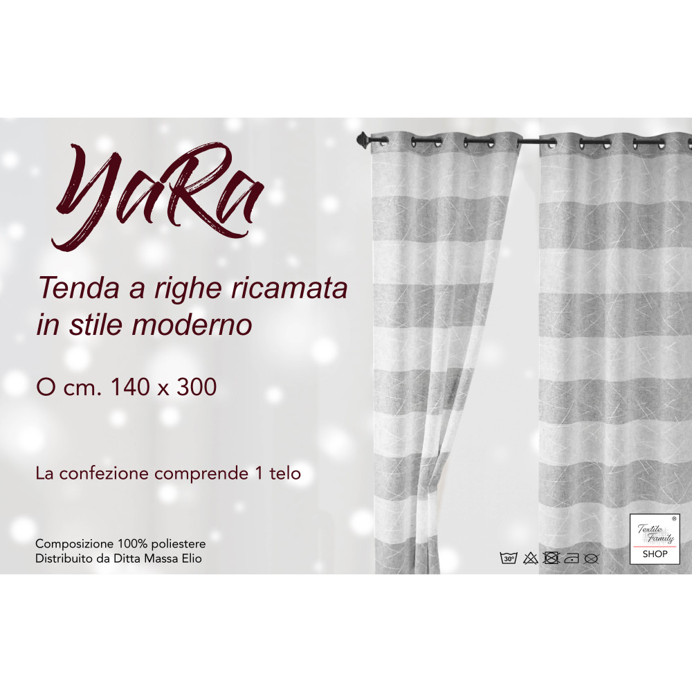 Tenda Yara Grigia Ricamata - Pannello Moderno 140x300 cm Poliestere - Effetto Lino, Trasparente, Occhielli Metallo