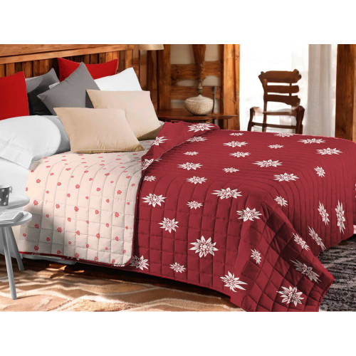 Copriletto Trapuntato "Edelweiss" Rosso - Microfibra Morbida con Fiori Bianchi, Imbottitura Leggera, Made in Italy
