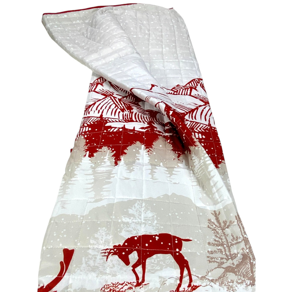 Copriletto Trapuntato Monte Soglio Rosso - Stile Chalet con Cervi e Foresta - Microfibra Leggera Made in Italy