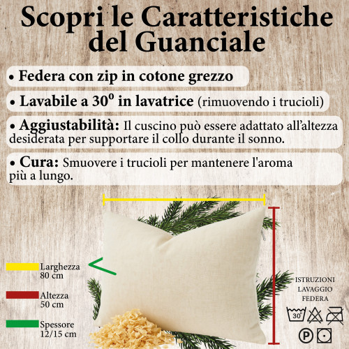 Almohada de pino piñonero suizo del Tirol del Sur 50x80 - Almohada de pino suizo natural Deep Sleep - ajustable, algodón crudo,