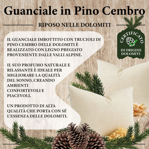 Almohada de pino piñonero suizo del Tirol del Sur 50x80 - Almohada de pino suizo natural Deep Sleep - ajustable, algodón crudo,