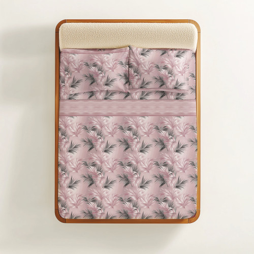 Pink Leaves Sheets Set - 100% Natural Cotton - Elegant and Breathable - Made in Italy, Washable