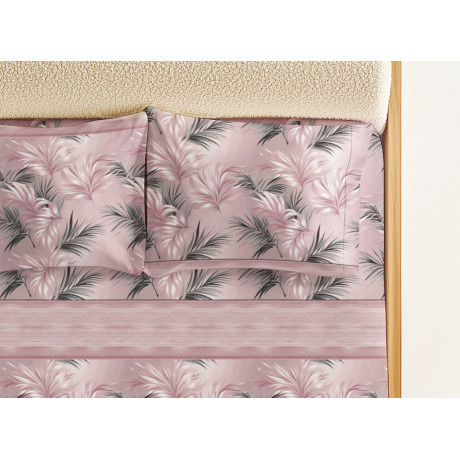 Pink Leaves Sheets Set - 100% Natural Cotton - Elegant and Breathable - Made in Italy, Washable