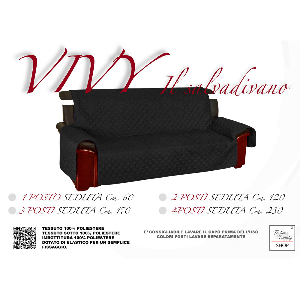 Copridivano Trapuntato Vivy Nero - Proteggi Divano con Braccioli - Poliestere Lavabile, Antiscivolo