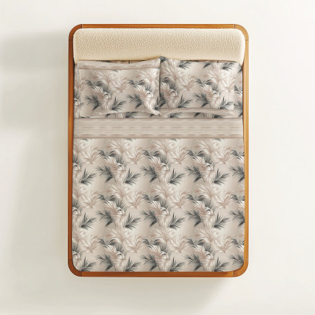 Sand Beige Leaf Laken Set - 100% Baumwolle - Eleganter Naturdruck - Made in Italy, atmungsaktiv