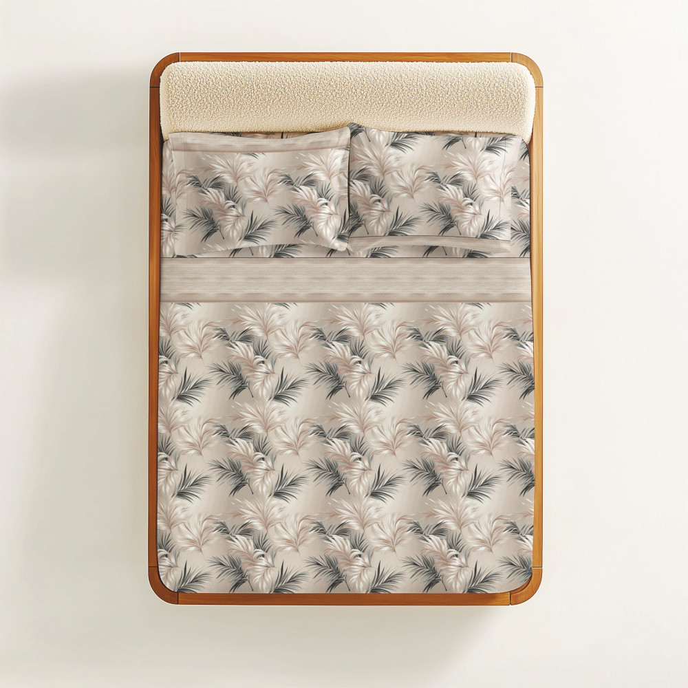 Sand Beige Leaf Laken Set - 100% Baumwolle - Eleganter Naturdruck - Made in Italy, atmungsaktiv